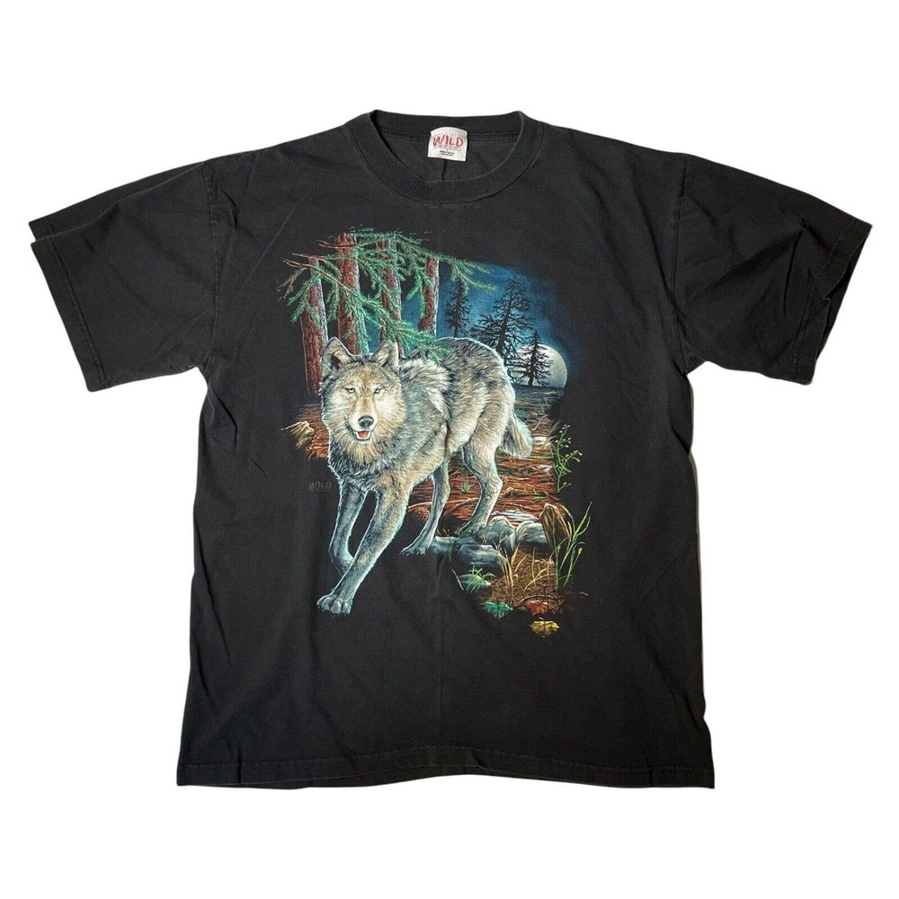 Vintage Wild Wear Wolf Print Shirt Black‎ Size Large